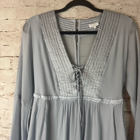 Anthropologie Ghost London Belled Gray Blue Peasant Boho Dress Tie Button Small - Picture 3 of 10